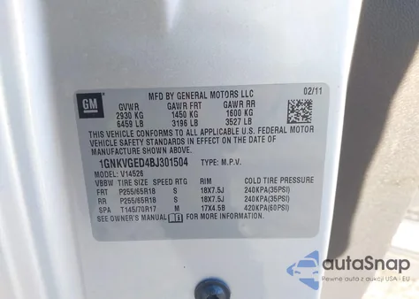 2011 Chevrolet Traverse 1Lt from USA, damaged, VIN 1GNKVGED4BJ301504